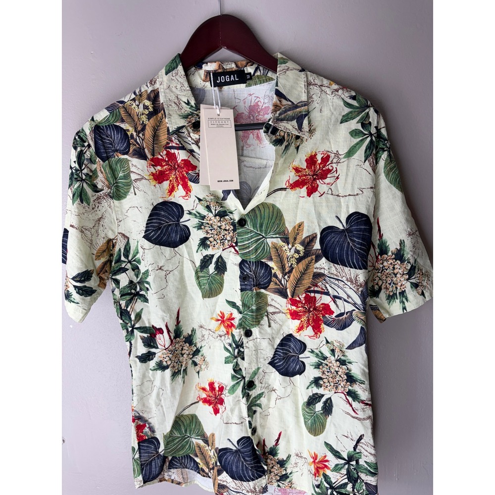 Jogal Mens Tropical Floral Short Sleeve Button Down Shirt Cream Green Red M